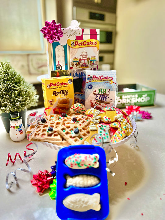 Cat Holiday Gift Box Set! Purrfect last minute gift includes a holiday DIY cake kit, Refill box, Cookie Recipe card, Woof Waffle recipe card & more!